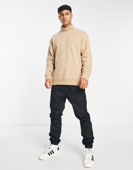 Selected Homme oversized mock neck sweat with logo in beige