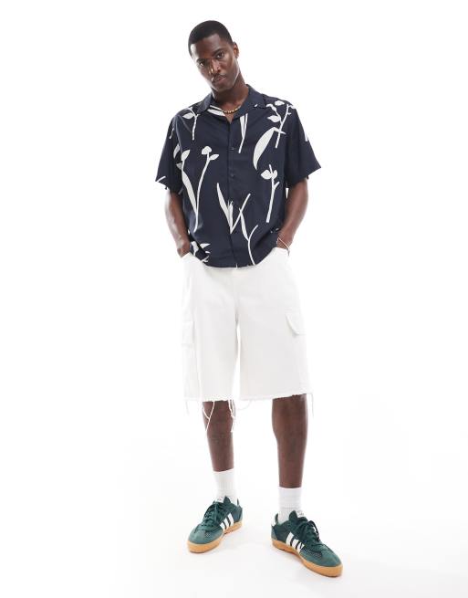 Selected Homme - Oversized overhemd met reverskraag en bladprint in marineblauw
