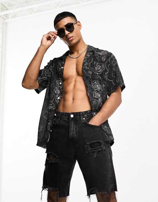 Selected Homme - Oversized overhemd met reverskraag in zwart met marmerprint 