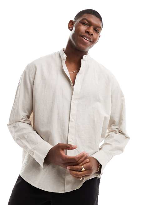 Selected Homme - Oversized overhemd van linnenmix zonder kraag in beige