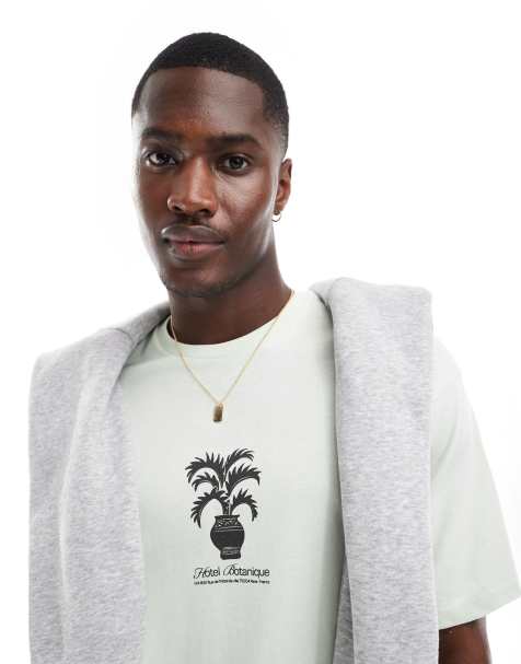 Selected Homme - Oversized pastelgrøn T-shirt med planteprint midt på - view 1