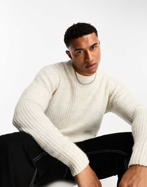 Selected Homme – Oversized-Pullover aus Wollmix in gebrochenem Weiß mit Rundhalsausschnitt