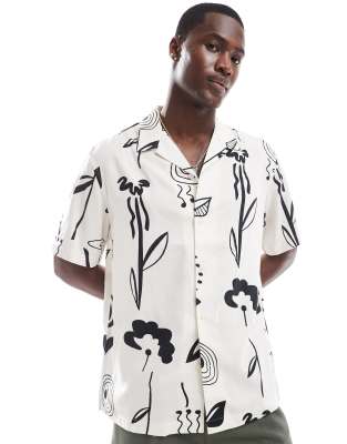 Selected Homme Oversized Revere Collar Shirt With Art Print In White