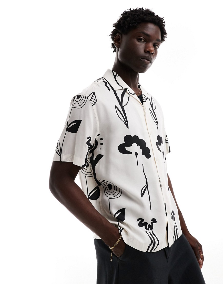 Selected Homme oversized revere collar shirt with art print in white
