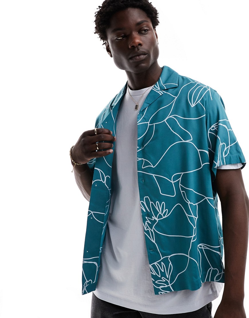 Selected Homme oversized revere collar shirt with floral line print in green