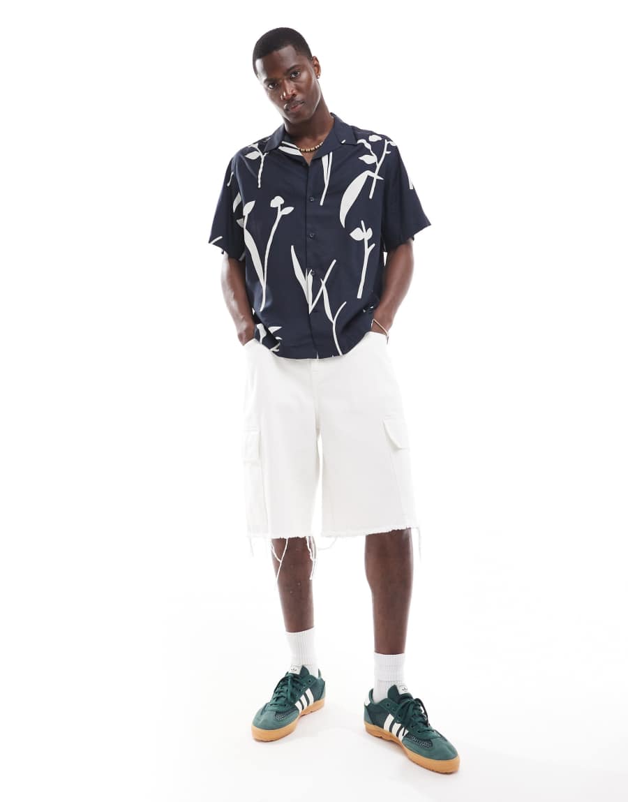 Selected Homme oversized revere collar shirt with leaf print in navy