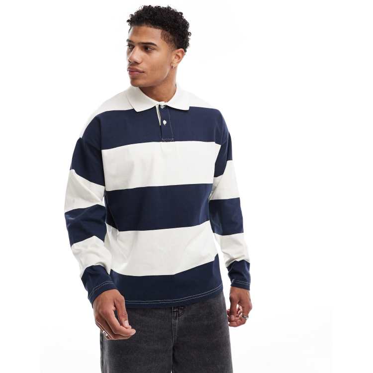 Selected Homme oversized rugby shirt in navy cream stripe | ASOS