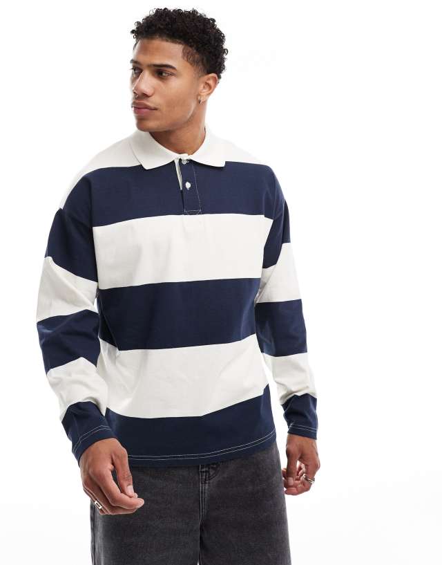 Selected Homme - oversized rugby shirt in navy cream stripe