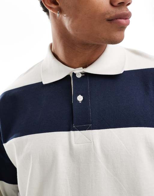 Selected Homme - Oversized rugbyshirt met strepen in marineblauw en crème, 2 van 4