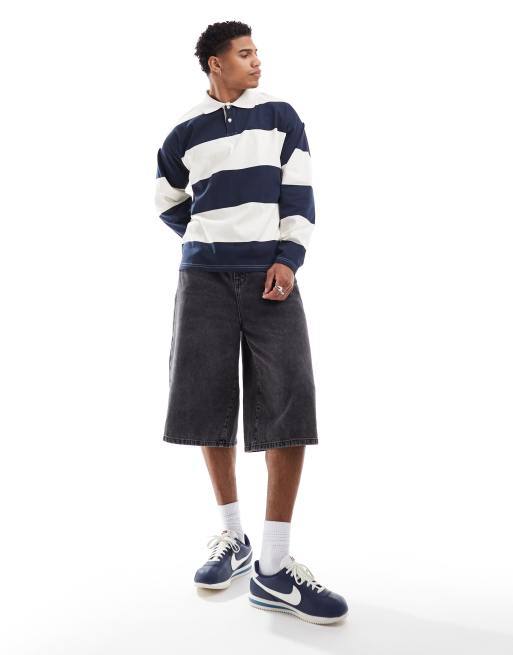 Selected Homme - Oversized rugbyshirt met strepen in marineblauw en crème, 4 van 4