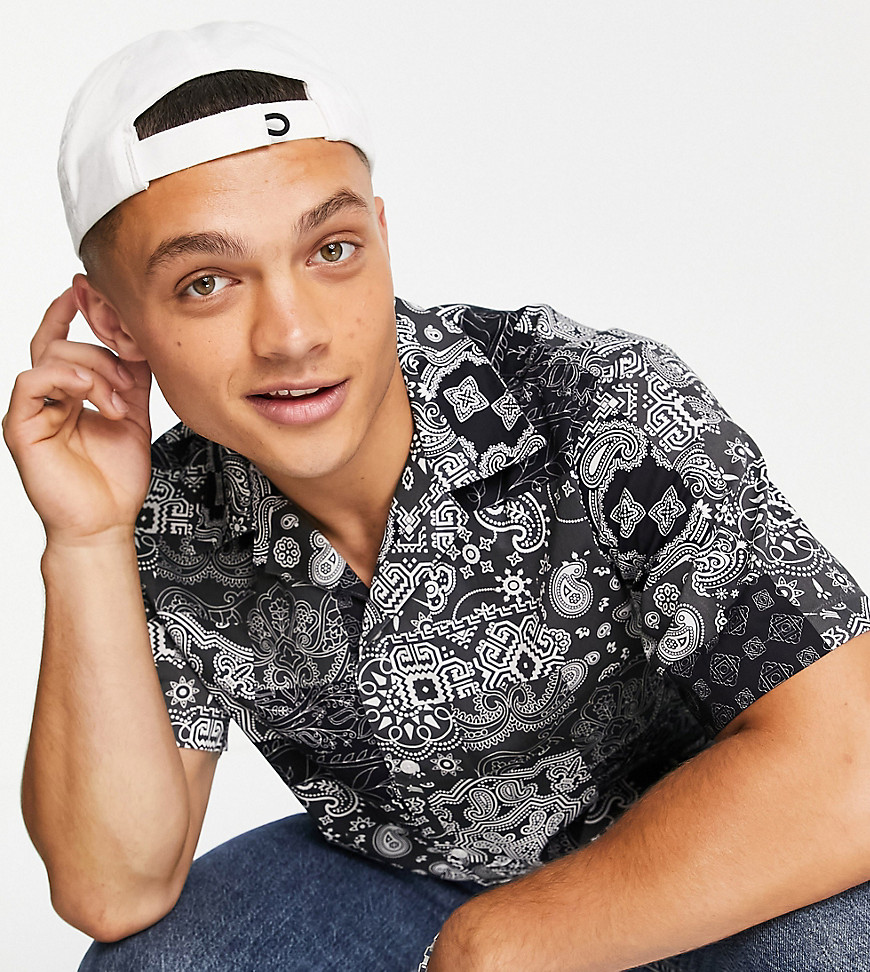 Selected Homme oversized shirt with revere collar in black bandana print Exclusive at ASOS