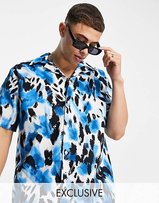  Selected Homme oversized shirt with revere collar in blue leopard print Exclusive at  