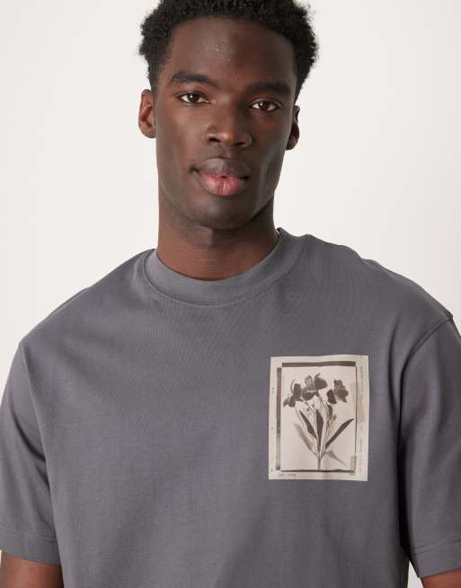 Selected Homme oversized t-shirt in gray with flower chest print