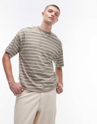 oversized T-shirt in tan stripe-Brown