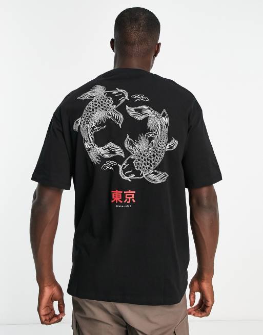 Selected Homme - Oversized T-shirt med koi karpe-print på ryggen i sort, 4 af 4