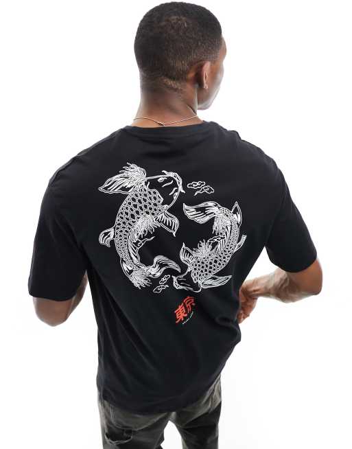 Selected Homme - Oversized T-shirt med koi karpe-print på ryggen i sort 