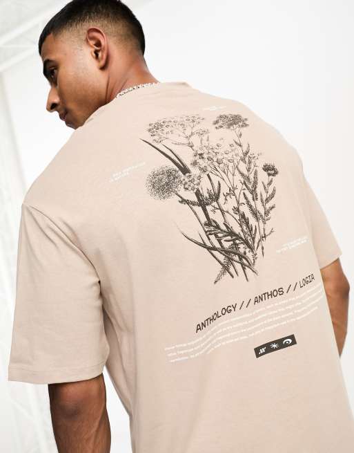 Selected Homme - Oversized T-shirt met 'Bloomers' print op de achterkant in bruin met wassing