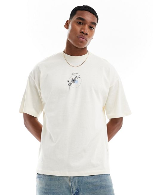 Selected Homme - Oversized T-shirt met botanische print op de borst in wit