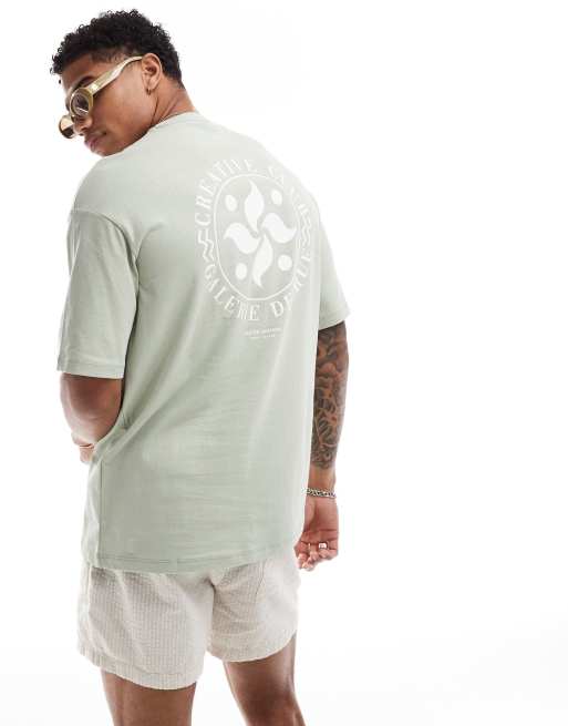 Selected Homme - Oversized T-shirt met 'Creative'-cirkelprint op de achterkant in groen, 3 van 4