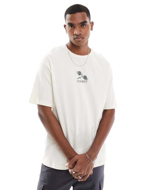 Selected Homme - Oversized T-shirt met 'Kindness is strength'-print op de achterkant in crème, 3 van 4