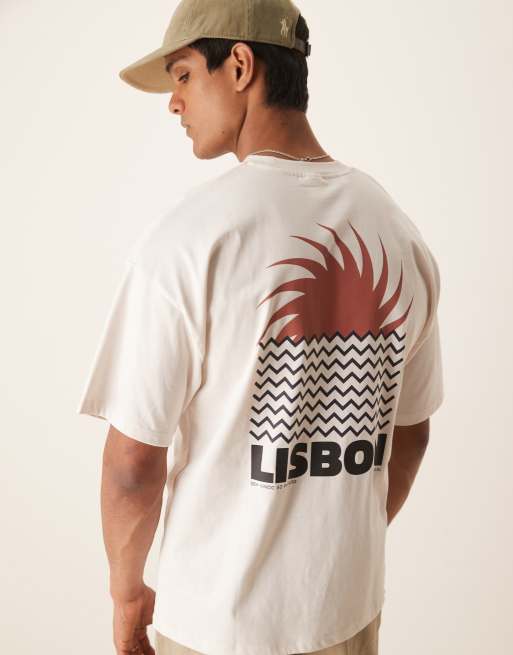 Selected Homme - Oversized T-shirt met Lisbon-print op de rug in crème