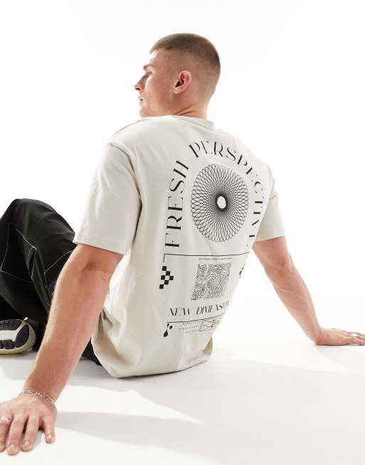 Selected Homme - Oversized T-shirt met perspectiefprint op de achterkant in beige