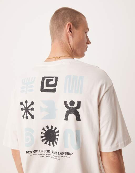 Selected Homme - Oversized T-shirt met print op de achterkant in gebroken wit
