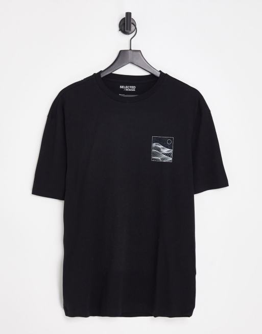 Selected Homme - Oversized T-shirt met print van Mount Everest op de rug in zwart , 2 van 4