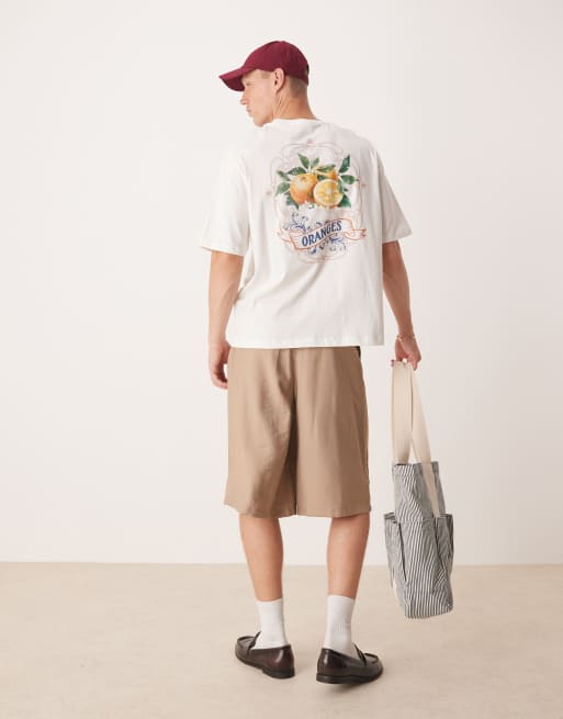 Selected Homme - Oversized T-shirt met print van sinaasappels op de achterkant in gebroken wit