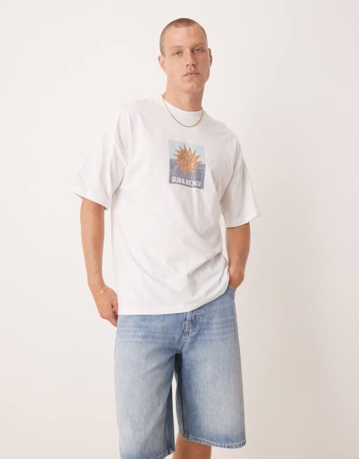 Selected Homme - Oversized T-shirt met print van zon op de voorkant in wit
