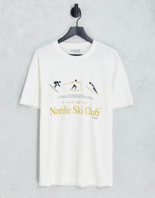 Selected Homme - Oversized T-shirt met Ski Club-print in wit 