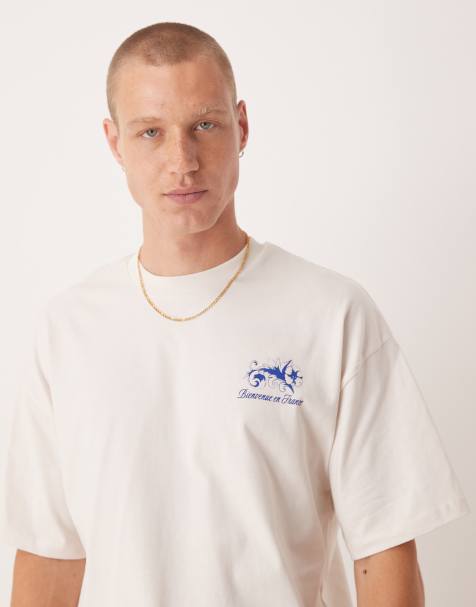 Selected Homme - Oversized T-shirt van zware stof met bloemenprint op de achterkant in gebroken wit - view 1