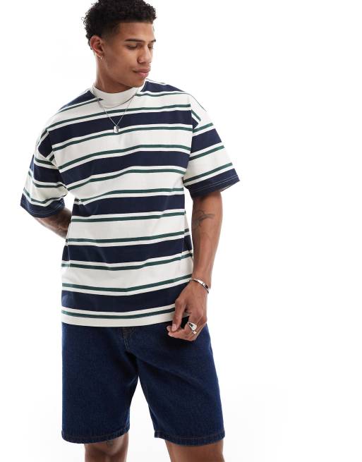 Selected Homme - Oversized T-shirt van zware stof met strepen in crème, groen en marineblauw