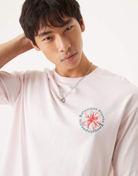 Selected Homme oversized t-shirt with botanical back print in pink - view 1