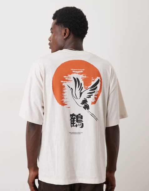 Selected Homme oversized t-shirt with crane back print in off white - view 1