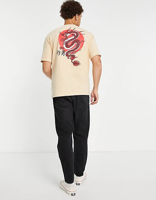Men Selected Homme oversized t-shirt with dragon back print in beige 