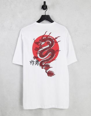 Selected Homme oversized t-shirt with dragon back print in white