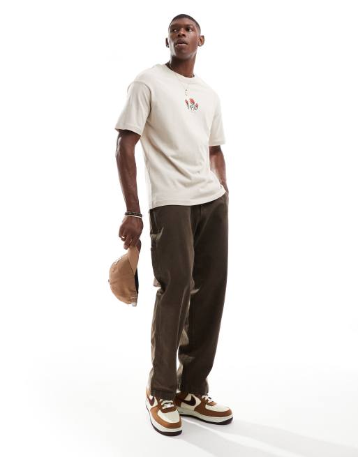 Selected Homme oversized t-shirt with floral chest print in tan, 4 of 4
