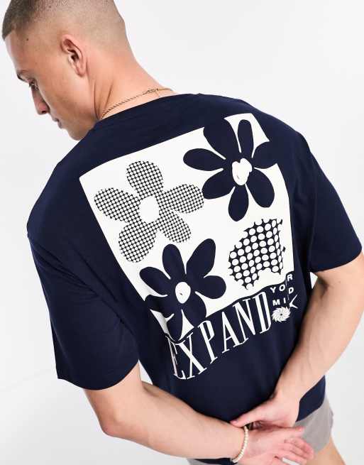 Selected Homme oversized T shirt with flower back print in navy ASOS