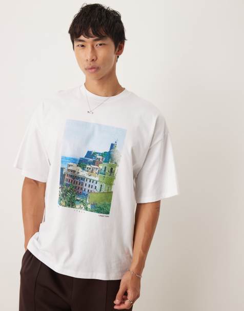 Selected Homme oversized t-shirt with front scene print in white - view 1