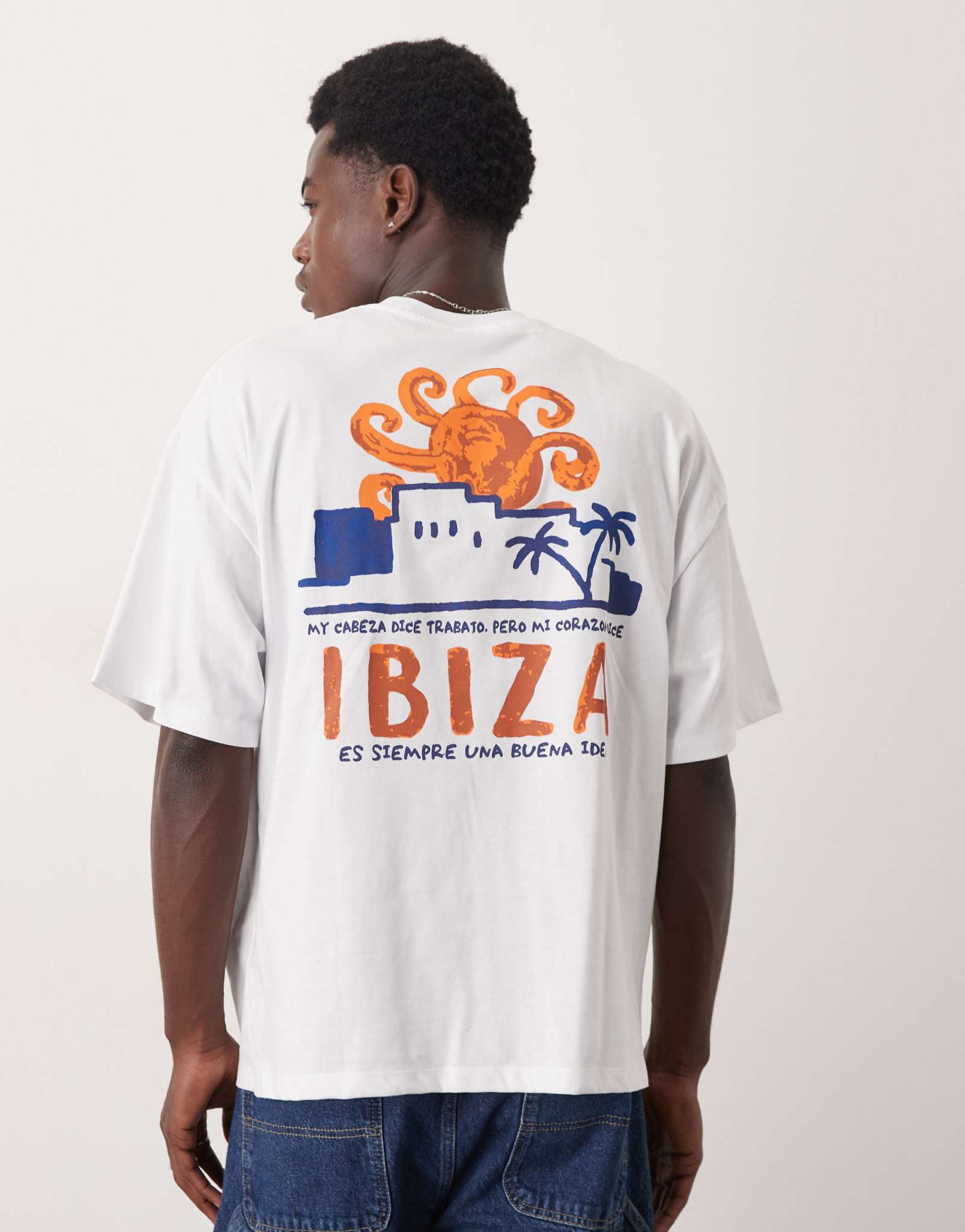 Футболка оверсайз Selected Homme с принтом Ibiza на спине белого цвета