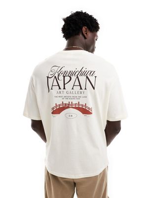 Selected Homme oversized t-shirt with japan art gallery backprint in cream-White