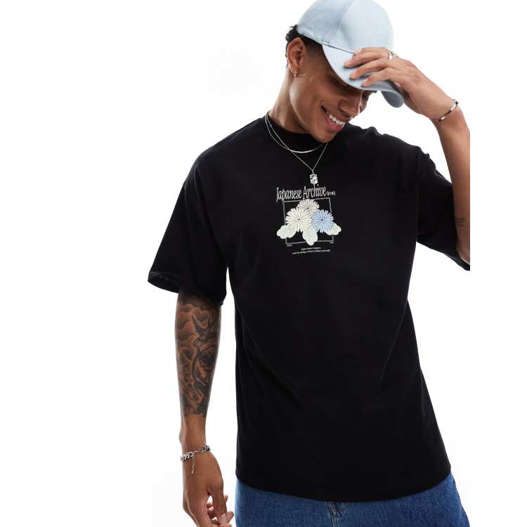 Selected Homme oversized T-shirt with japanese flower chest