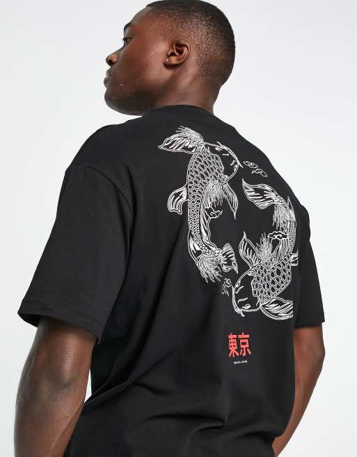 Selected Homme oversized t shirt with koi back print in black