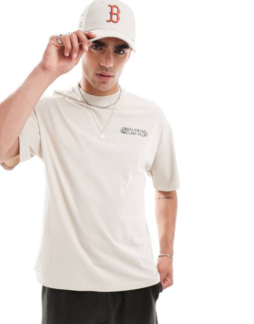 Selected Homme oversized t-shirt with mount fuji back print in cream, 2 of 4