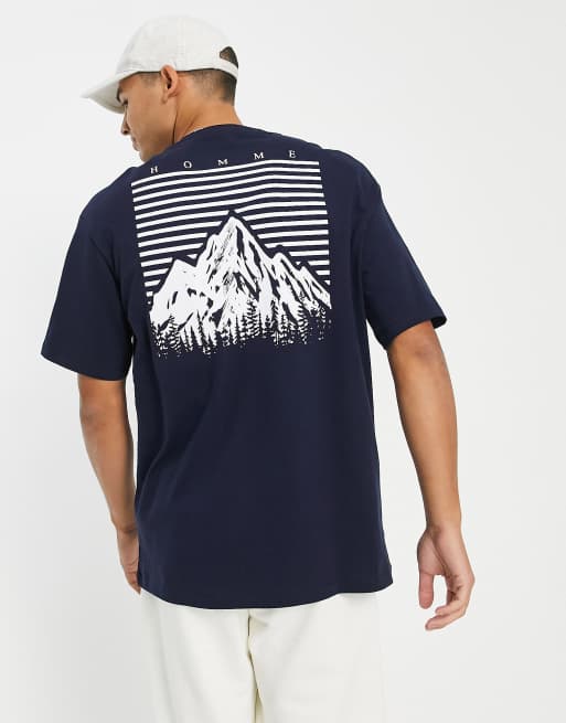 Selected Homme oversized t shirt with mountain back print in navy