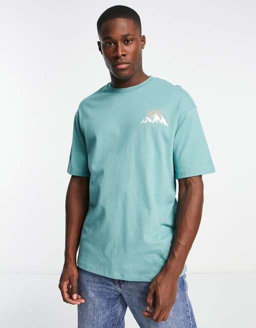 Selected Homme oversized t shirt with mountain back print in turquoise