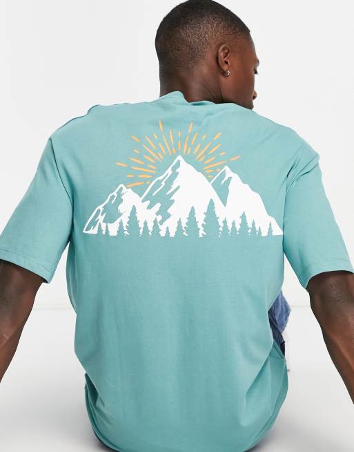 Selected Homme oversized t shirt with mountain back print in turquoise