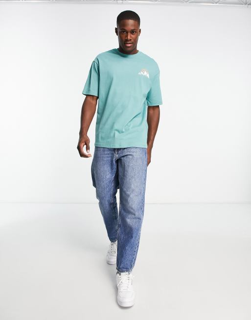 Selected Homme oversized t shirt with mountain back print in turquoise