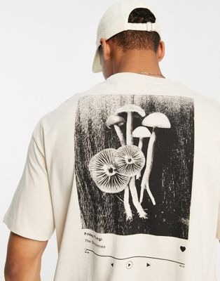 Selected Homme oversized t-shirt with mushroom back print in beige